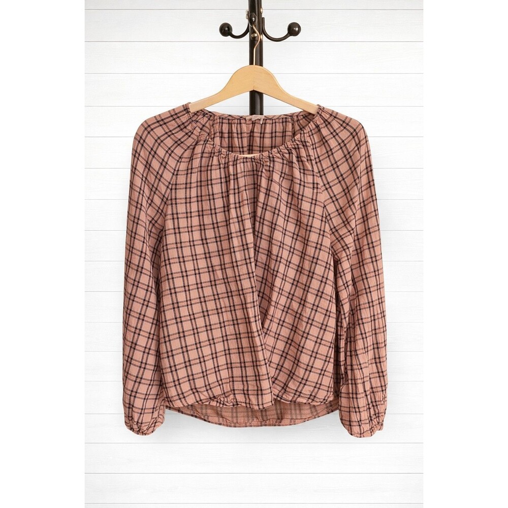 A.n.a Women's Plaid Long Sleeve elastic neckline Top L
